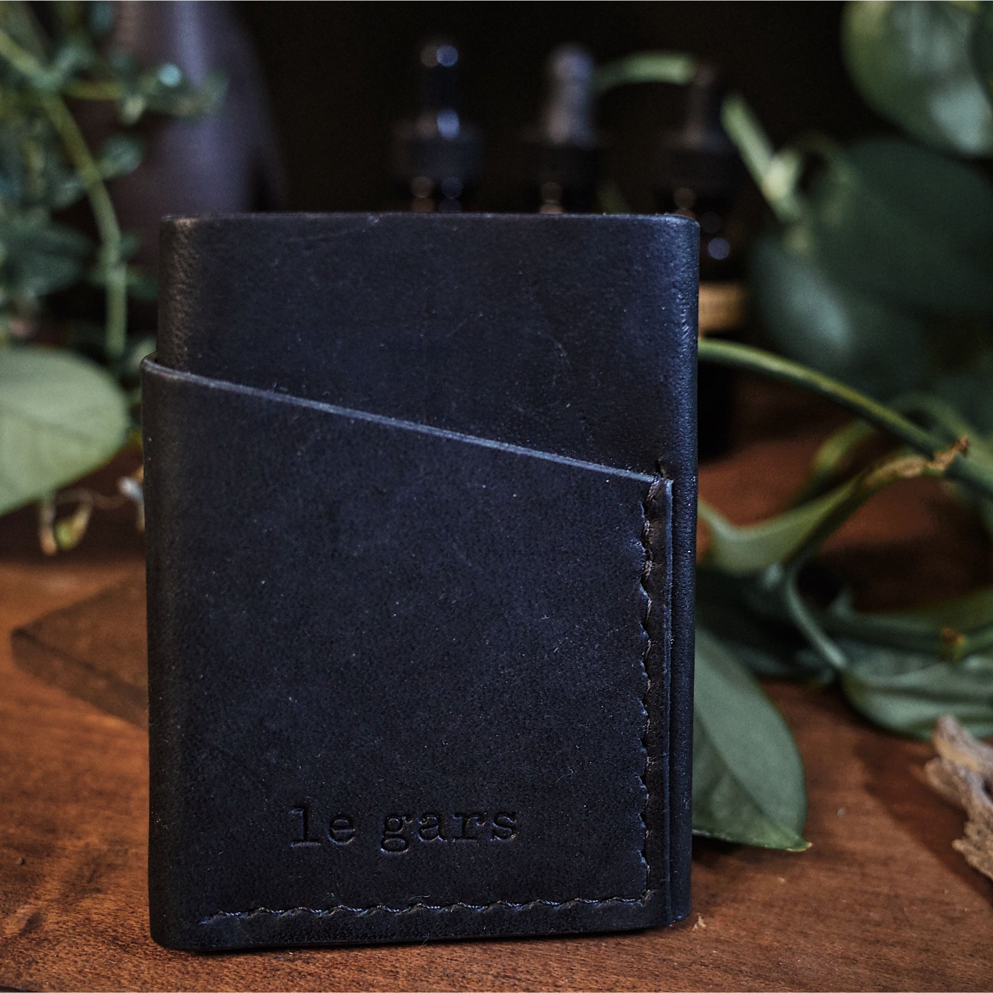 Locally crafted black leather cardholder with custom engraving options