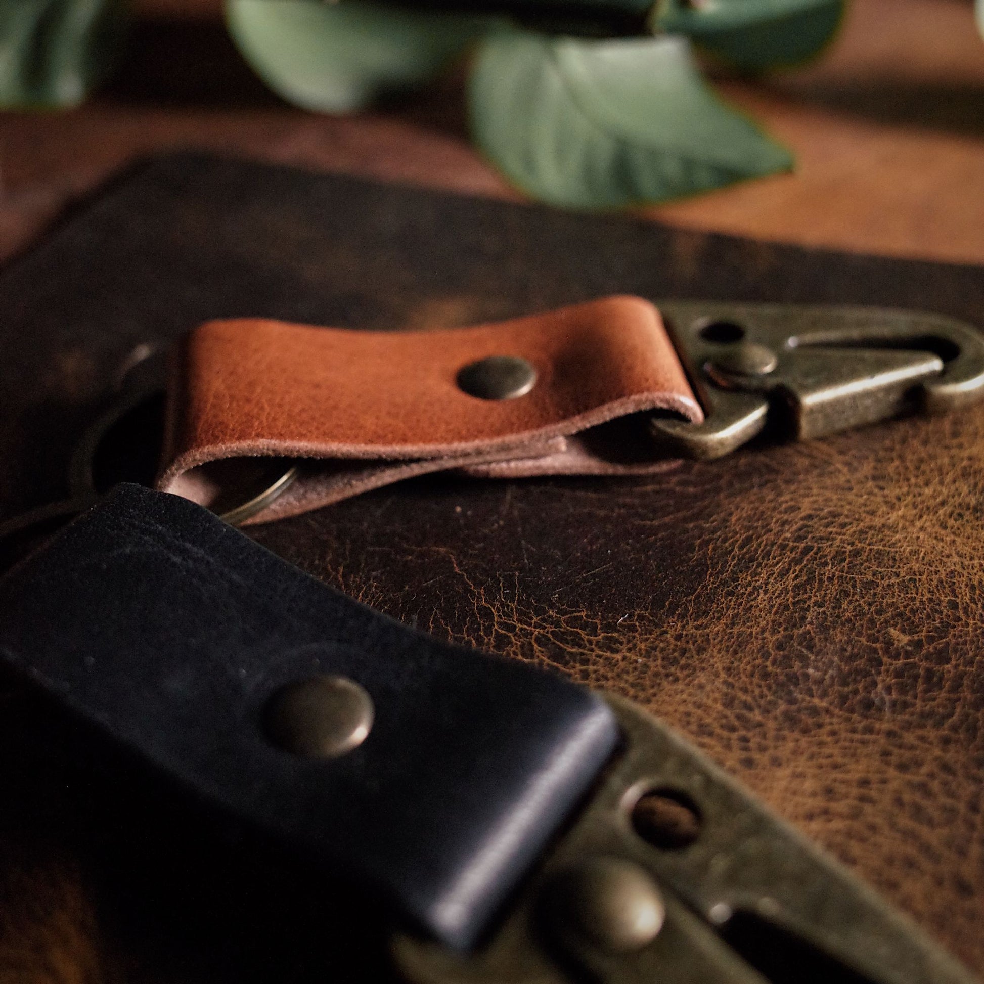 Full-grain saddle tan leather carabiner key loop made in Canada

