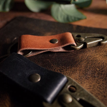 Full-grain saddle tan leather carabiner key loop made in Canada
