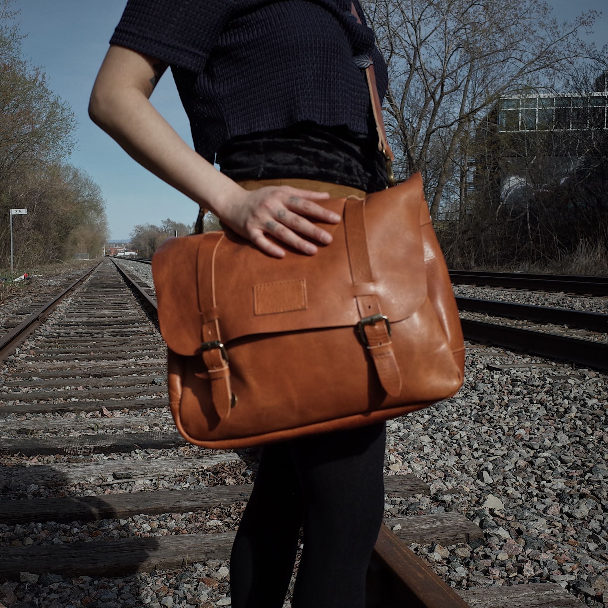 Handmade English Tan Leather Messenger Bag Made in Montreal