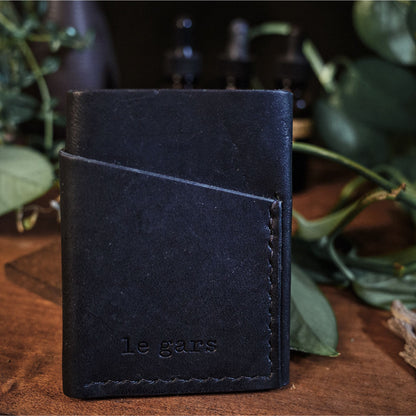 Locally crafted black leather cardholder with custom engraving options
