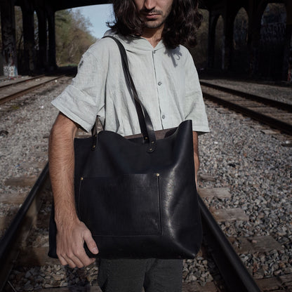 Sleek black leather satchel for commuting and travel
