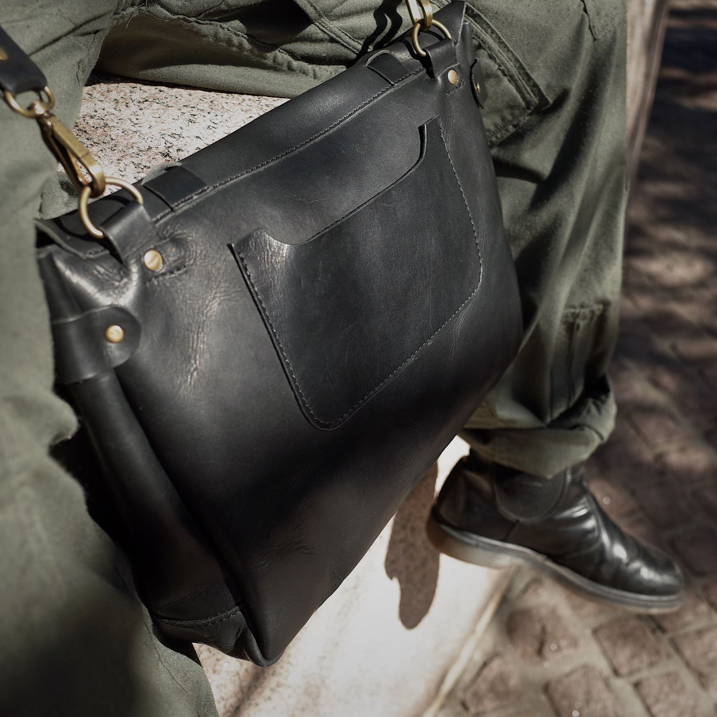 Durable black leather carryall made from full-grain Horween leather
