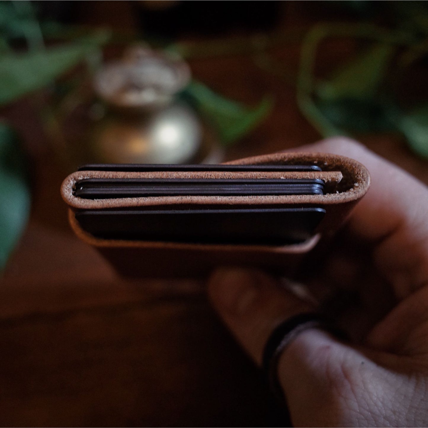 Locally crafted honey brown leather cardholder with custom engraving options
