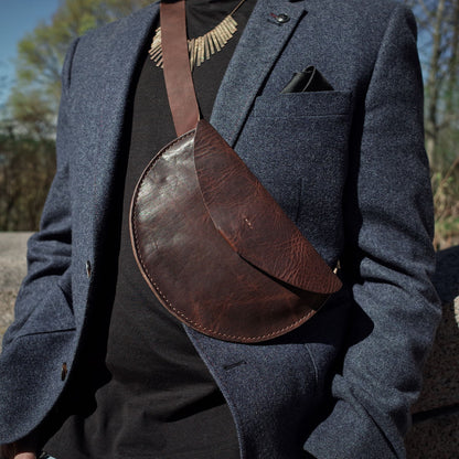 Durable coffee brown leather moon bag with adjustable buckle
