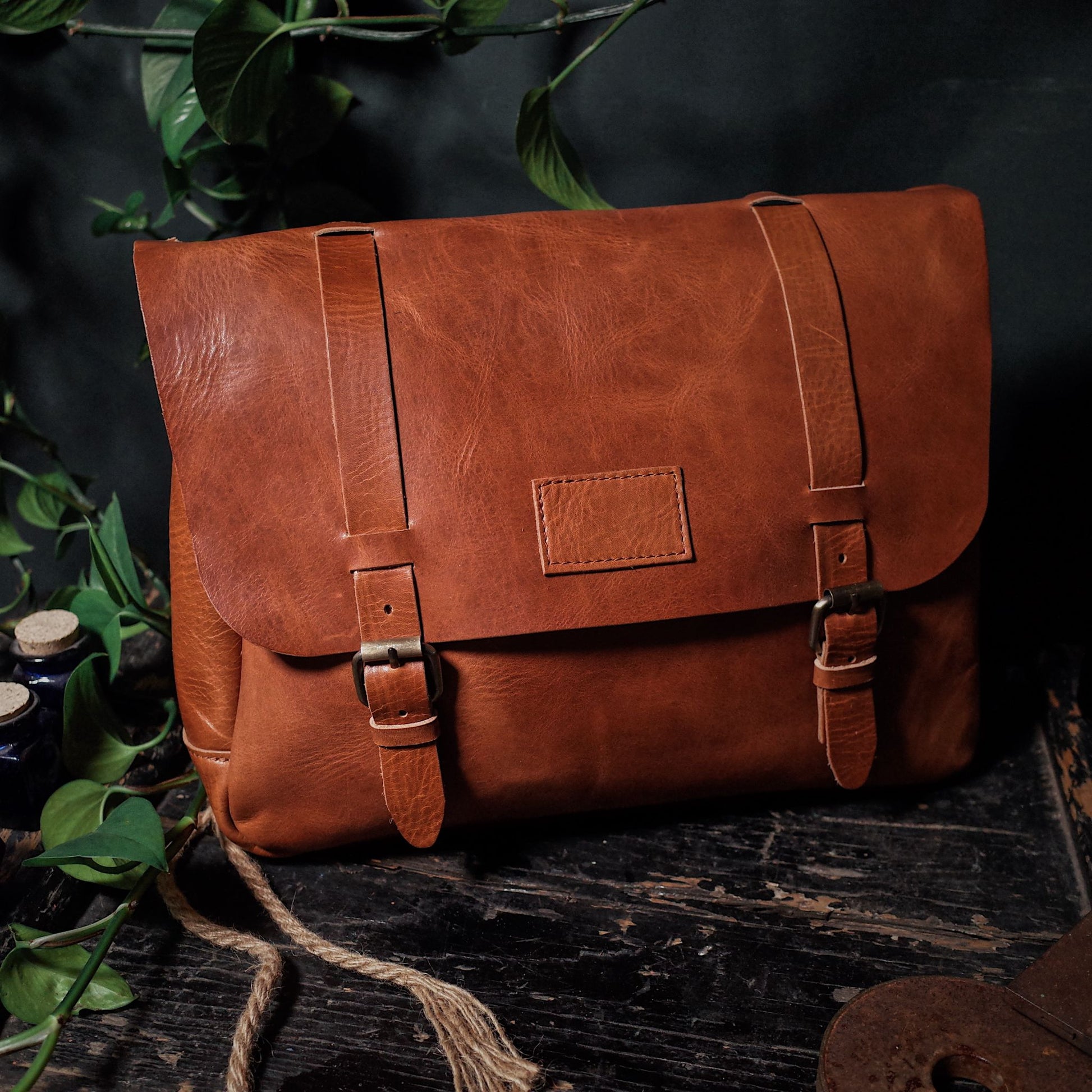 Locally crafted honey brown leather tote with custom engraving options
