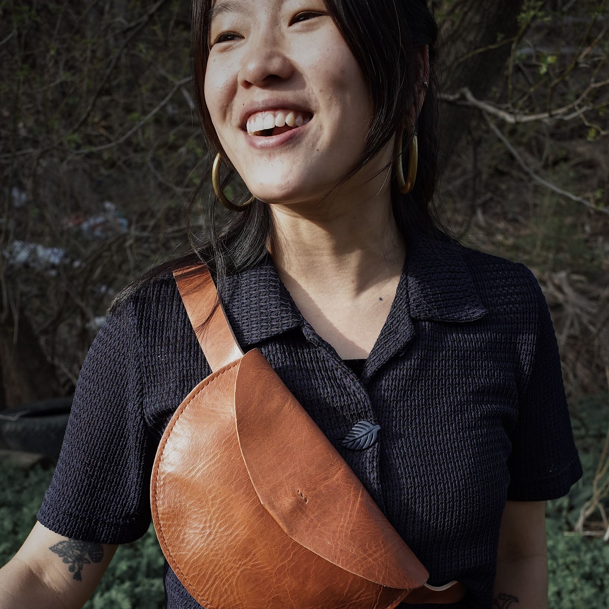Compact caramel leather fanny pack for a hands-free, casual vibe
