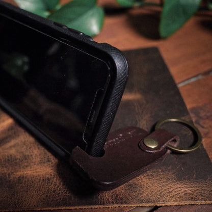 Compact mocha leather key fob phone holder with premium stitching

