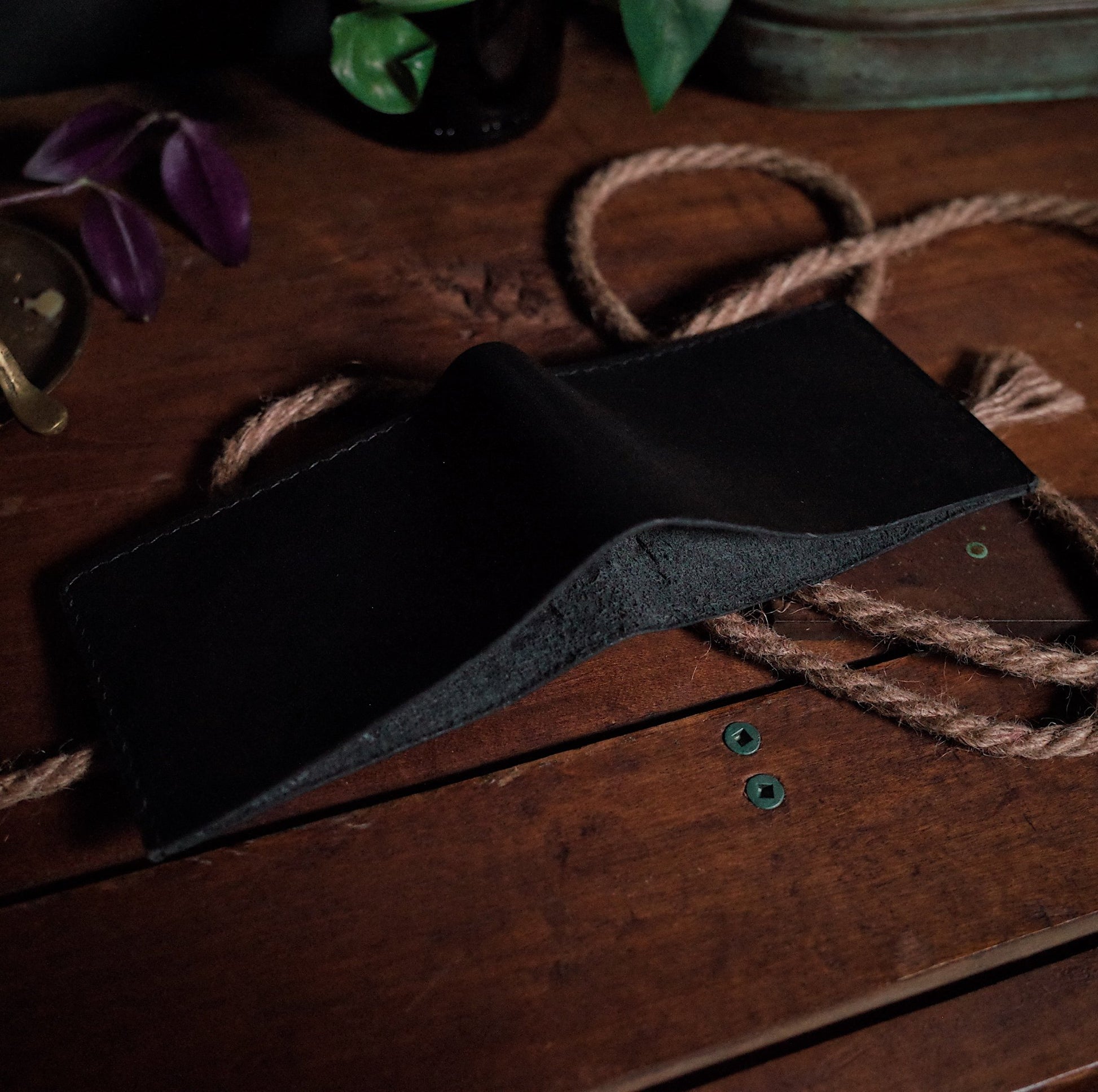 Handcrafted black leather bifold wallet by Le Gars Leathercraft
