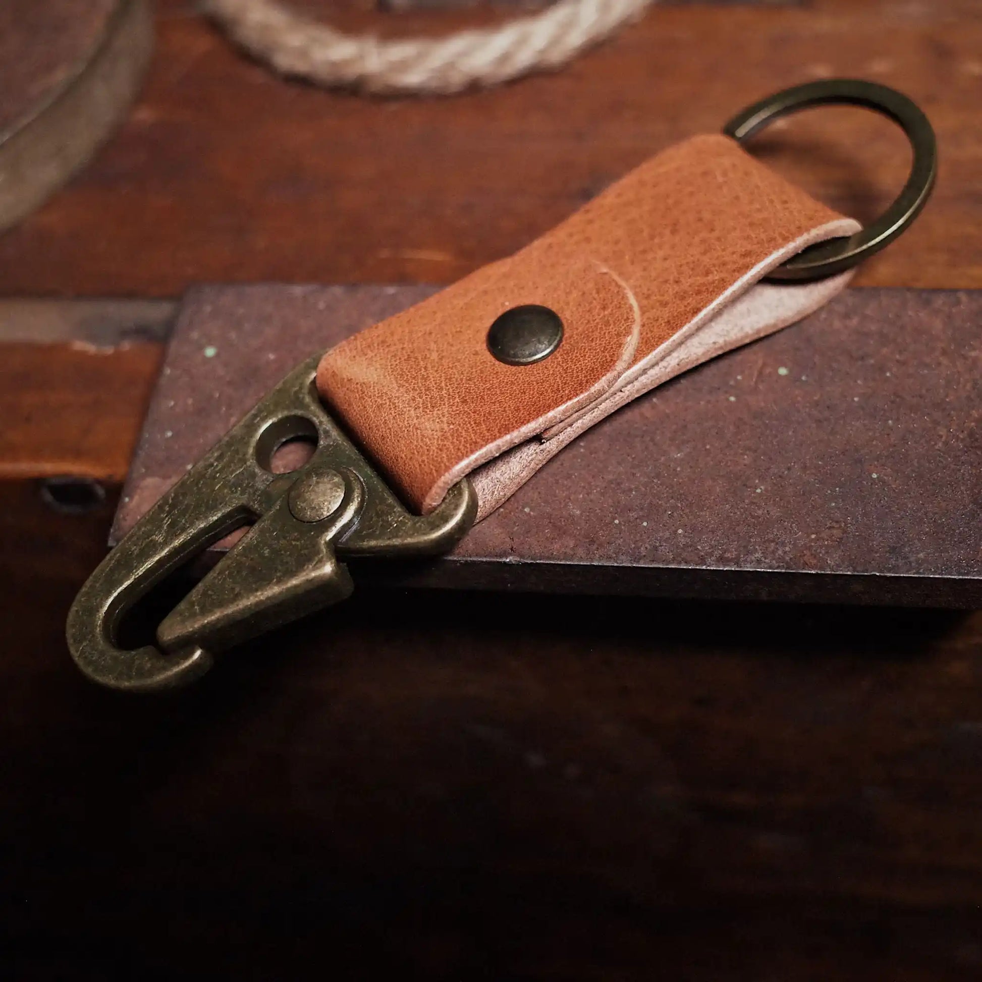 Minimalist caramel leather carabiner key fob for men and women
