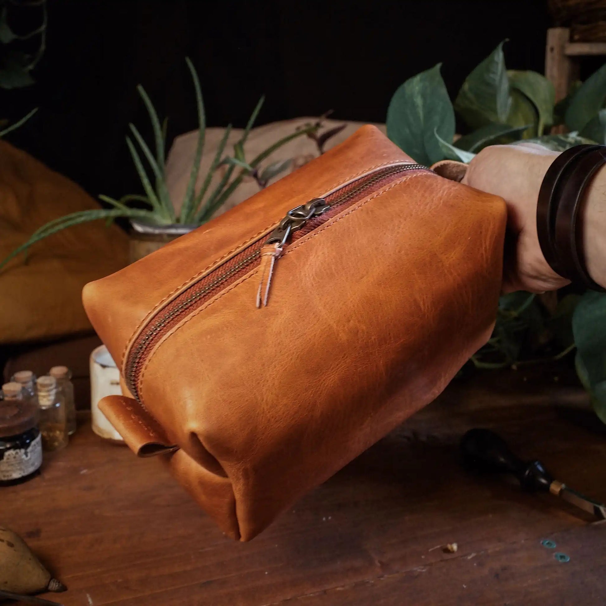 Leather travel toiletry bag on sale