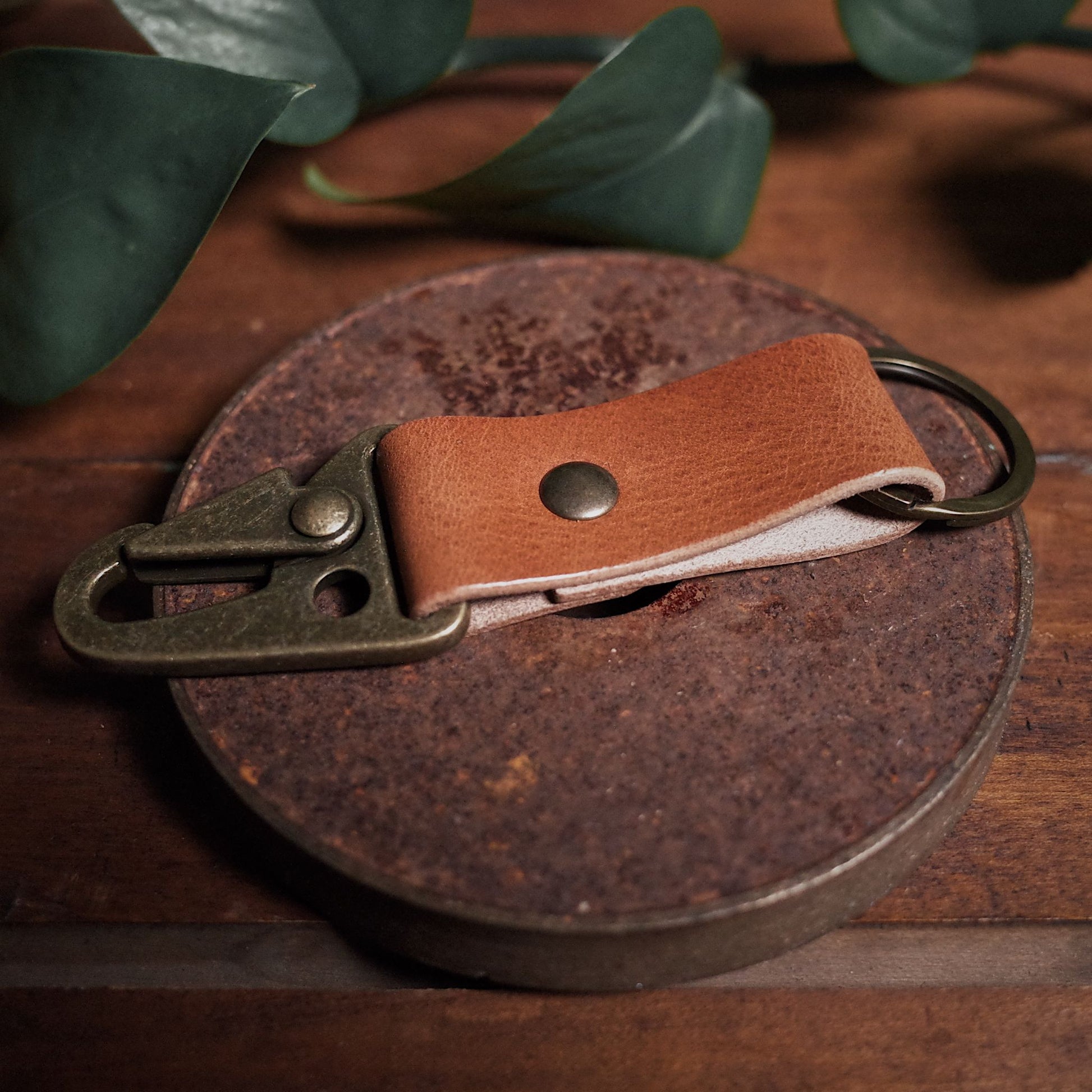 Customizable cognac leather carabiner key loop for everyday carry
