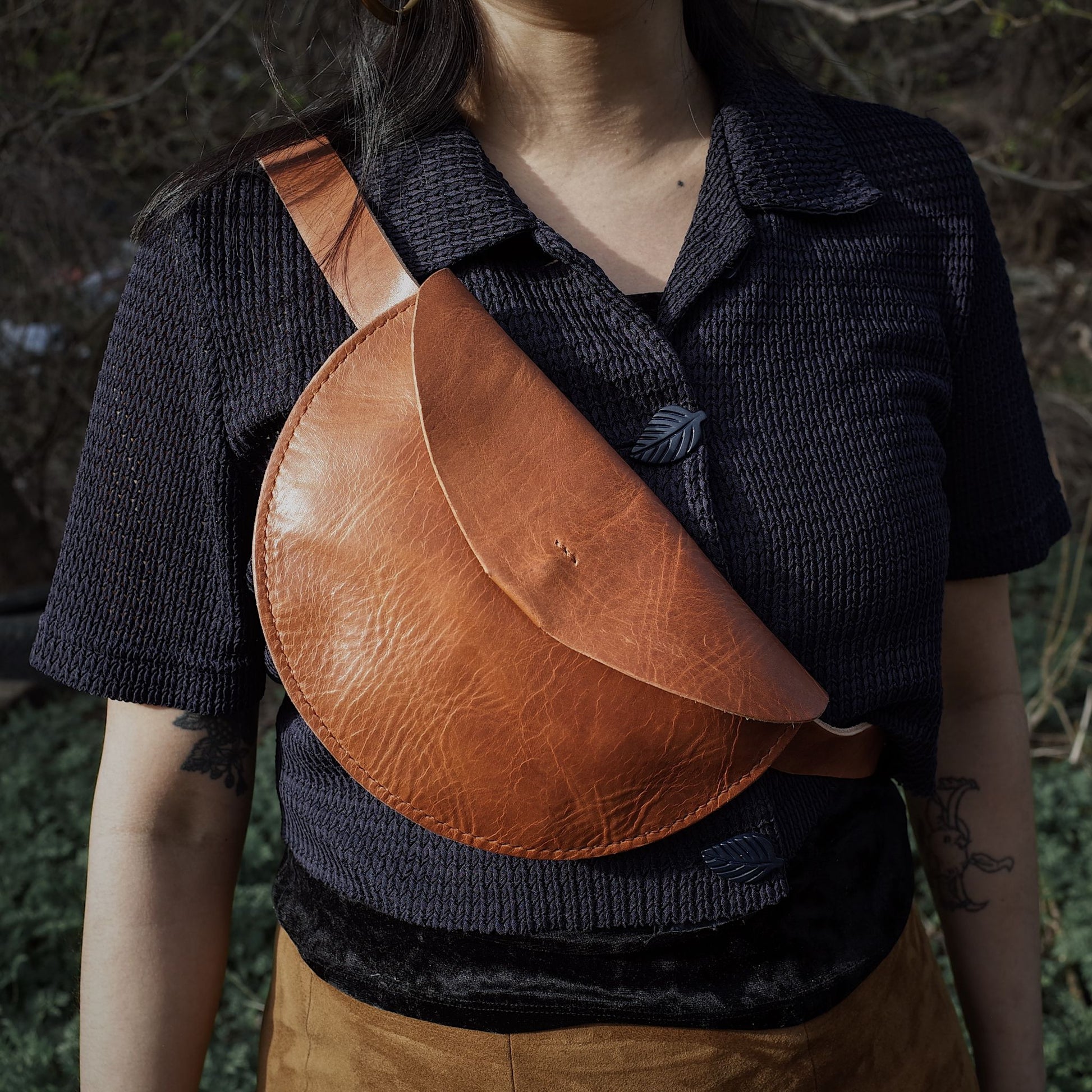 Premium honey brown leather belt bag perfect for casual use
