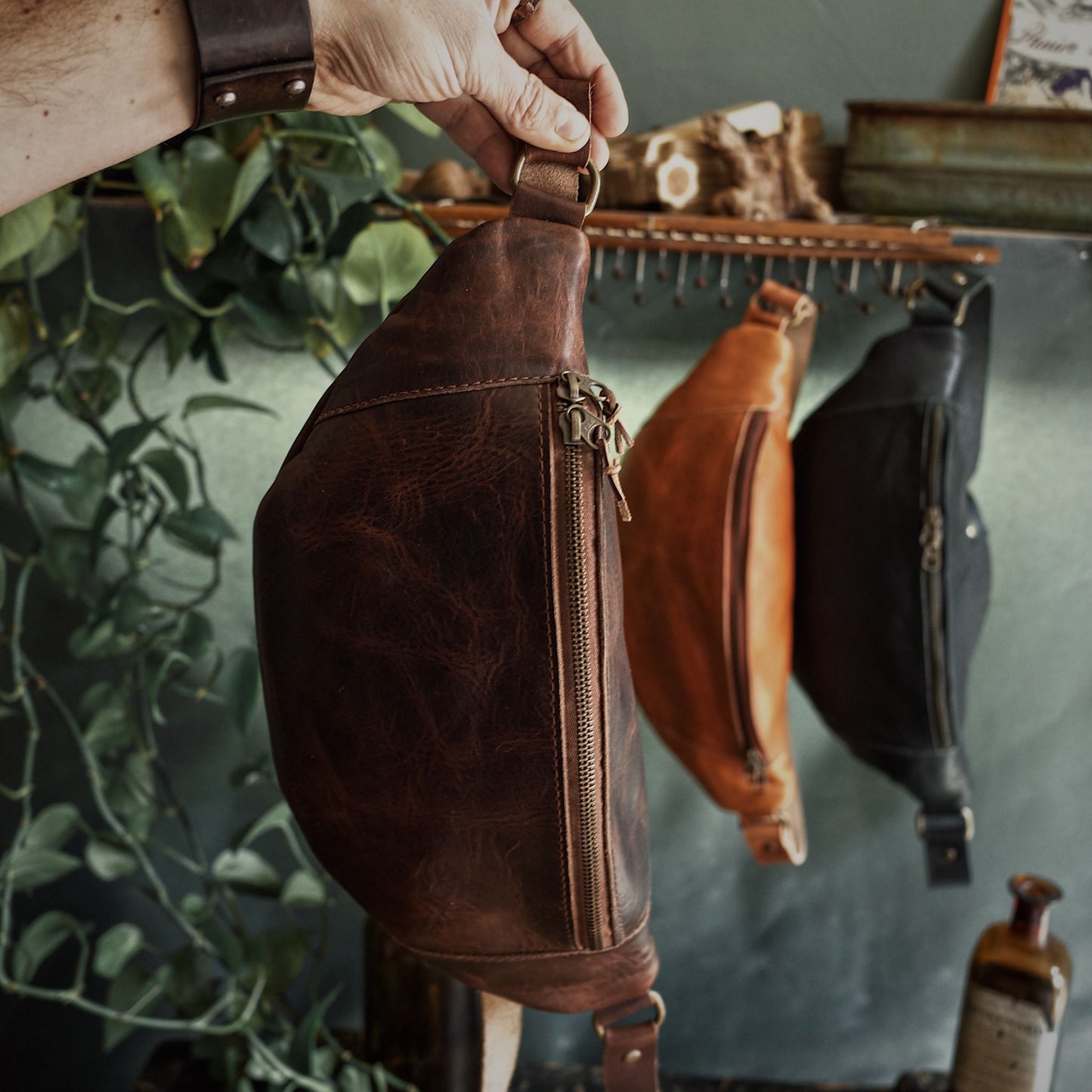 Handcrafted dark-brown leather moon bag for oversized essentials
