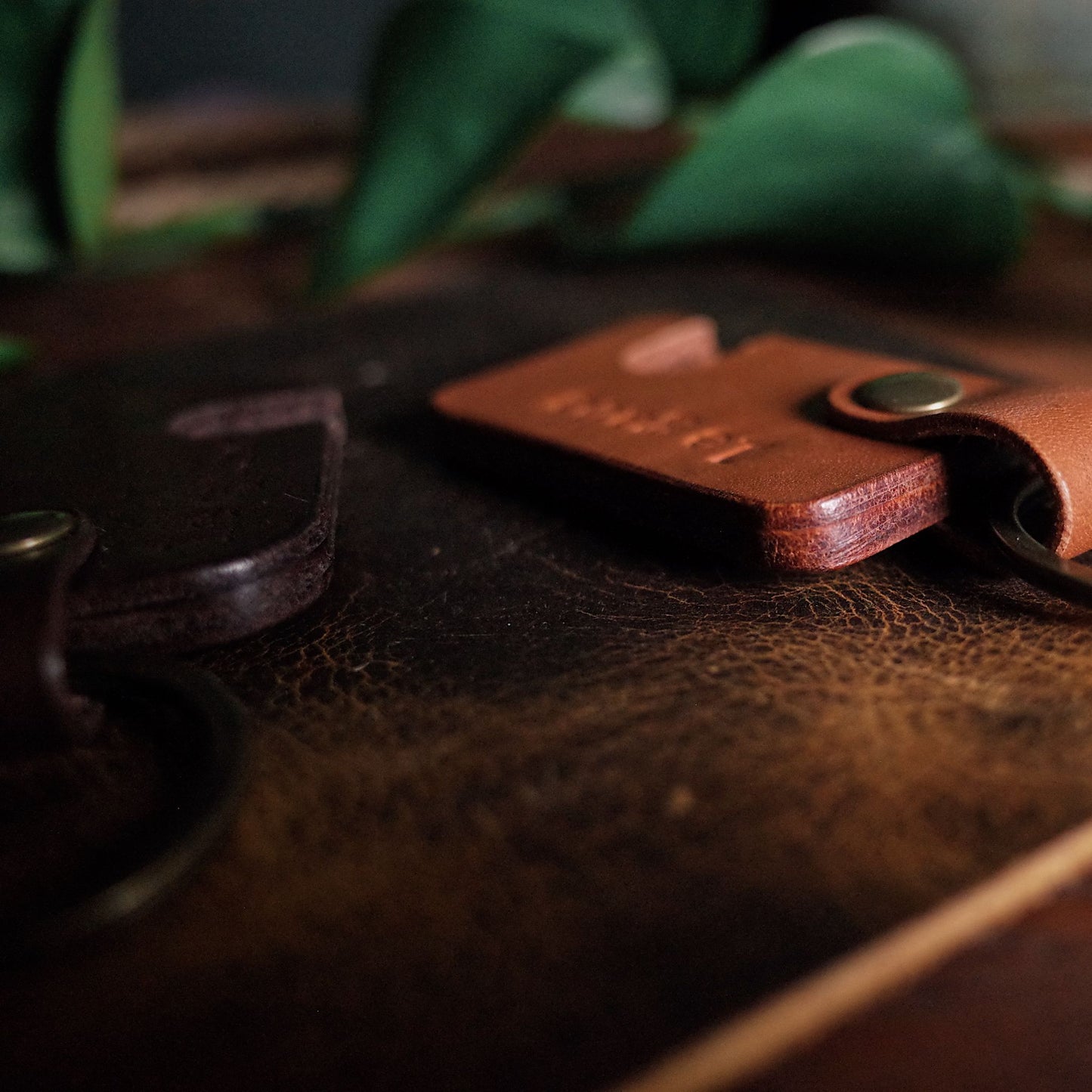 Artisanal English tan leather key fob phone holder made in Canada
