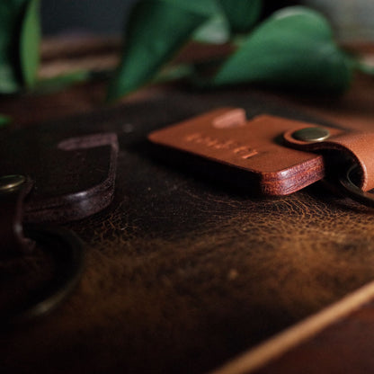 Artisanal English tan leather key fob phone holder made in Canada
